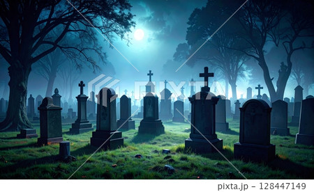 City skyline at sunset silhouettes a graveyard in the night, with buildings and skyscrapers reaching into the urban sky 128447149