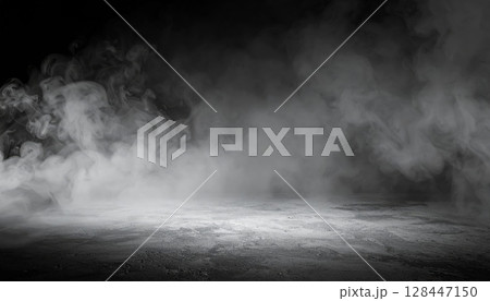 Dark grunge wall with abstract smoke and light in a stormy night sky 128447150