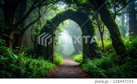 An old stone archway forms a magical tunnel through an autumn forest, inviting a walk down a light-dappled path An old stone archway forms a magical tunnel through an autumn forest, inviting a walk down a light-dappled path 128447153