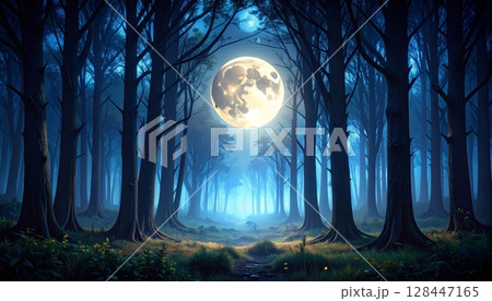 Abstract grunge background with stars, a dark blue night sky, and silhouetted trees under a bright moon 128447165