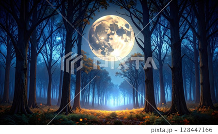 Abstract grunge background with stars, a dark blue night sky, and silhouetted trees under a bright moon 128447166