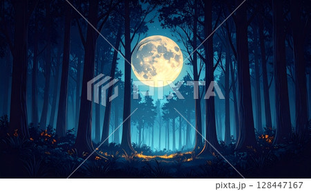 Abstract grunge background with stars, a dark blue night sky, and silhouetted trees under a bright moon 128447167