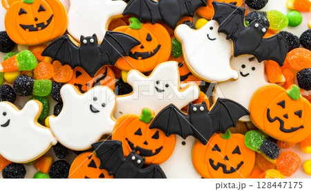 Spooky Halloween cartoon illustration with pumpkins, ghosts, and bats perfect for an October night celebration 128447175