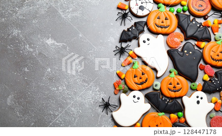 Spooky Halloween cartoon illustration with pumpkins, ghosts, and bats perfect for an October night celebration 128447178