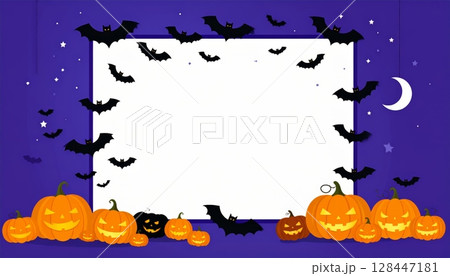 Spooky Halloween pumpkin and bat silhouette frame vector illustration for autumn night holiday celebration banner design 128447181