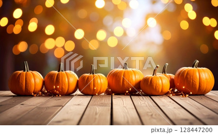 Assorted orange pumpkins and gourds on a rustic wooden table evoke the spirit of Halloween, autumn harvest, and Thanksgiving 128447200