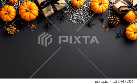 Autumn leaves and pumpkins form a vintage border design perfect for a holiday photo frame or greeting card illustration 128447204