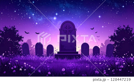 Night city skyline with a dark cemetery silhouette under a starry sky 128447219