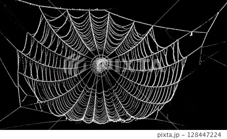 Intricate spiderwebs adorned with sparkling dew drops in the morning, forming a delicate net of nature's design 128447224