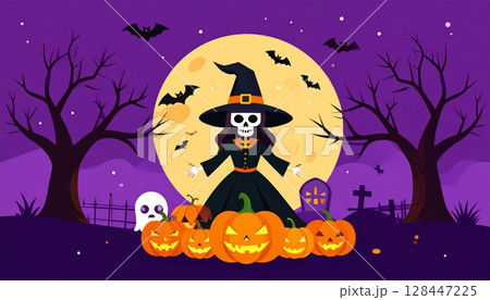 Spooky Halloween night with a cartoon witch, black cat, and orange pumpkin illustration under a crescent moon, perfect for a party invitation or holiday background design 128447225