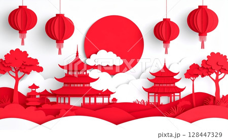 Paper Cut Red Chinese lanterns decorate a temple wall, a festive symbol of love and celebration for the New Year holiday Paper Cut Red Chinese lanterns decorate a temple wall, a festive symbol of love and celebration for the New Year holiday 128447329