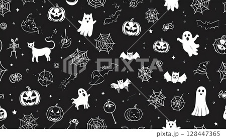 Cute cartoon animal seamless pattern set with cats, ghosts, sheep, and other funny baby animal illustrations perfect for Halloween scrapbook or wallpaper design 128447365