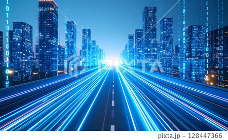 Bright lights illuminate the urban Hong Kong cityscape at night with streaks of traffic on the road 128447366