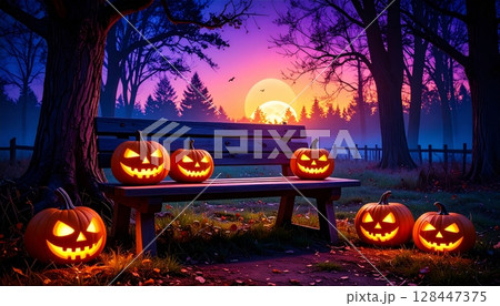 Spooky Halloween night background with pumpkins, bats, and a creepy tree illustration 128447375