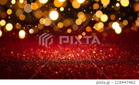 Golden blurred Christmas tree lights sparkle with a festive glow, perfect for a holiday background Golden blurred Christmas tree lights sparkle with a festive glow, perfect for a holiday background 128447462