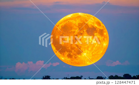 Golden sun dips below the horizon, painting the sky in fiery orange and serene blue over tranquil waters 128447471