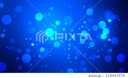 Bright blue light circles glow with a blurred, sparkling bokeh effect, creating an abstract and festive background pattern 128447474