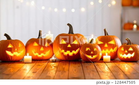 Spooky carved Halloween pumpkin with a scary face, an orange autumn holiday decoration 128447505