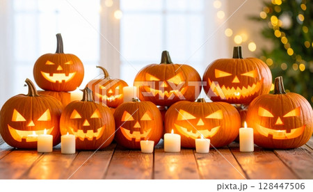 Spooky carved Halloween pumpkin with a scary face, an orange autumn holiday decoration Spooky carved Halloween pumpkin with a scary face, an orange autumn holiday decoration 128447506