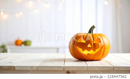 Jack-o'-lanterns with spooky faces glow orange, symbolizing Halloween and the autumn season's scary, carved pumpkin decorations 128447562