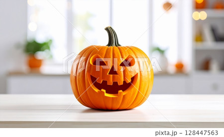 Jack-o'-lanterns with spooky faces glow orange, symbolizing Halloween and the autumn season's scary, carved pumpkin decorations 128447563