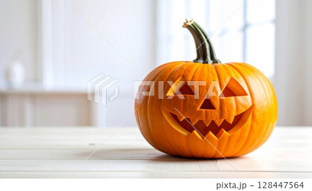 Jack-o'-lanterns with spooky faces glow orange, symbolizing Halloween and the autumn season's scary, carved pumpkin decorations 128447564