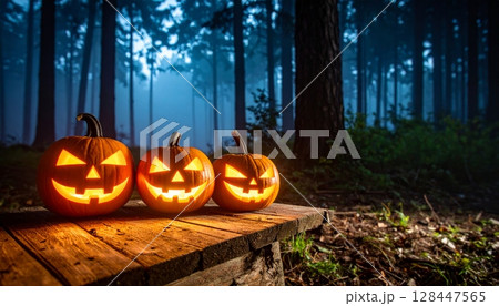 A spooky jack-o'-lantern with an evil face and a glowing candle inside, perfect for a dark Halloween celebration and autumn decoration 128447565