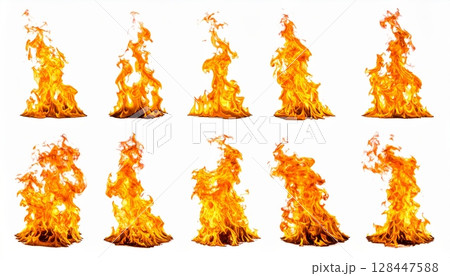 Vibrant red and orange flames blaze with intense heat and smoke against a dark background, evoking abstract energy and danger 128447588