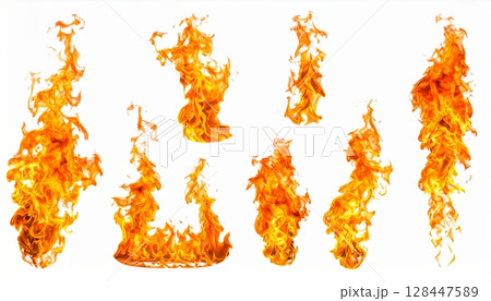 Vibrant red and orange flames blaze with intense heat and smoke against a dark background, evoking abstract energy and danger 128447589