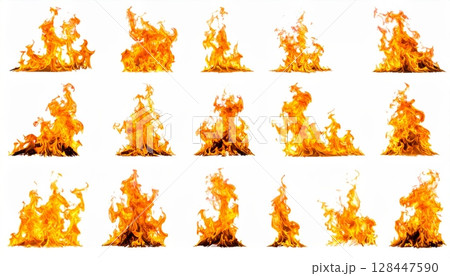 Vibrant red and orange flames blaze with intense heat and smoke against a dark background, evoking abstract energy and danger 128447590
