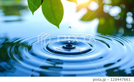 Autumn forest trees reflecting vibrant yellow and green leaves on a calm blue lake surface with gentle ripples 128447661