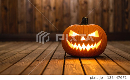 Orange carved Halloween pumpkins with a spooky smile glow in the dark, isolated as a symbol of fear and autumn holiday decoration Orange carved Halloween pumpkins with a spooky smile glow in the dark, isolated as a symbol of fear and autumn holiday decoration 128447671