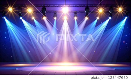 Bright spotlights glow on a dark stage, illuminating a vibrant blue party backdrop with dynamic rays of color, perfect for a lively disco concert show 128447680