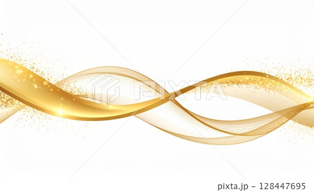 Elegant golden wedding rings with a smoke curve line design illustration on a vibrant orange and yellow color light backdrop 128447695