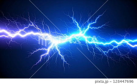 Blue lightning bolts powerfully flash across the dark night sky, illuminating the electric storm with a striking fractal design 128447696