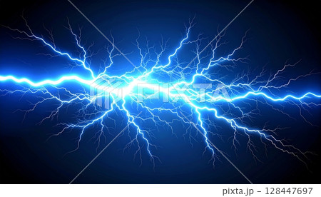 Blue lightning bolts powerfully flash across the dark night sky, illuminating the electric storm with a striking fractal design 128447697