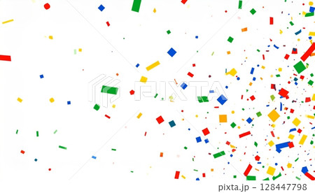 Colorful confetti and festive party streamers form a vibrant pattern, perfect for a fun birthday celebration design 128447798