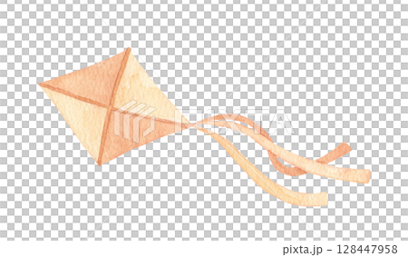 Watercolor flying beige kite. Hand drawn isolated illustration for kids. Cute drawing 128447958