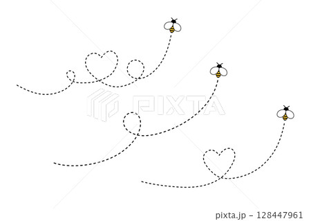 Bee flying doted heart path, line way. Bumblebee with cute wings. Vector bug 128447961