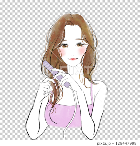 Illustration of a woman using a hair iron 128447999