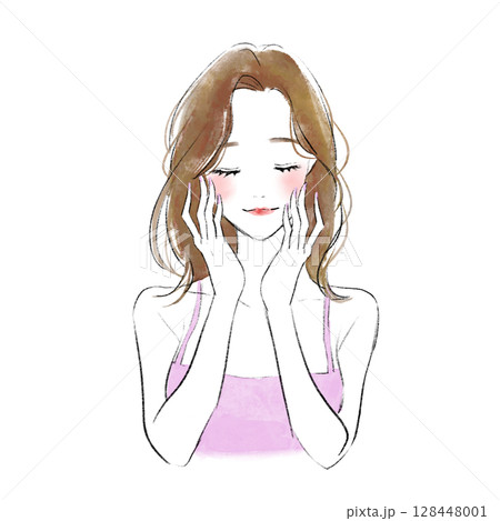 頬に両手を添える笑顔の美容系女性のイラスト 128448001