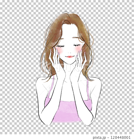 一位微笑美女雙手放在臉頰上的插圖 128448001