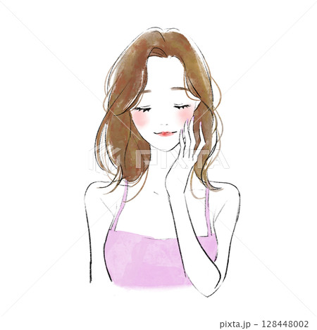 頬に手を添える笑顔の目を瞑った美容系女性のイラスト 128448002