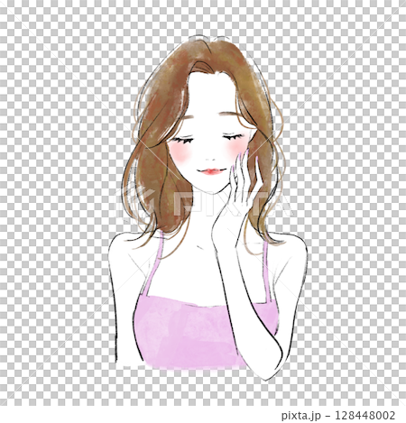 頬に手を添える笑顔の目を瞑った美容系女性のイラスト 128448002