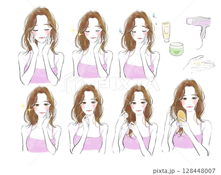 顔に手を添える美容系女性イラストのセット 128448007