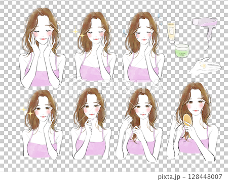 A set of illustrations of beauty women holding their hands on their faces 128448007