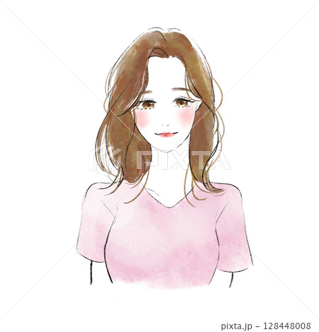 正面を向いたロングヘアーの若い女性イラストアイコン 128448008