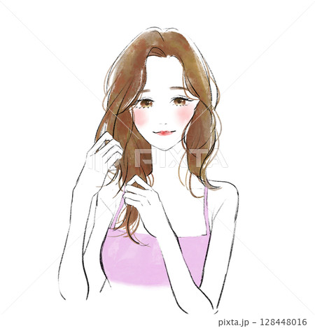 髪を手櫛で梳かす女性のイラスト 128448016