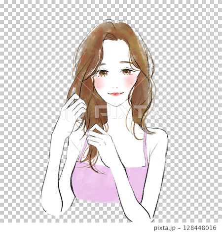 髪を手櫛で梳かす女性のイラスト 128448016