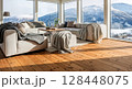 Luxury living room with panoramic mountain view and modern alpine interior design 128448075